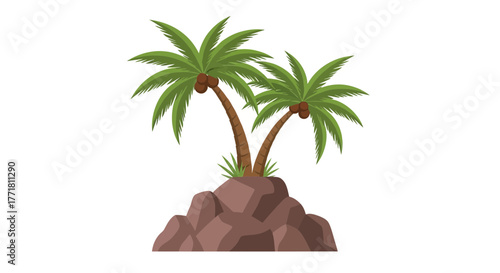 Tropical oasis with palm trees growing on rocky terrain, cartoon style