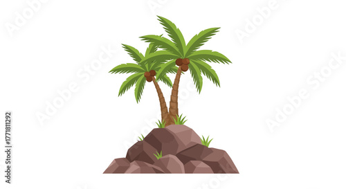 Tropical Palm Trees on Rocky Outcrop Against a White Backdrop in a Vector Style