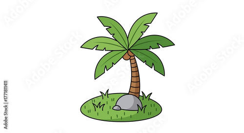 Cartoon Style Palm Tree Illustration on a Small Isolated Green Island