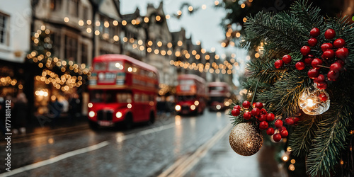 Soft focus Christmas garland with berries copy area
