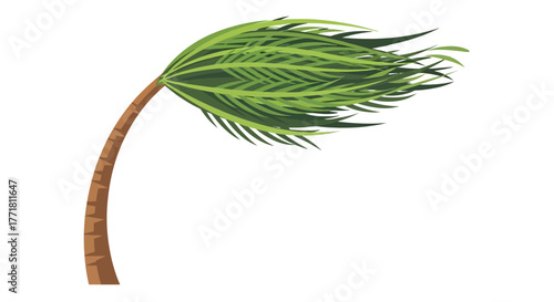 Stylized palm tree bent by strong winds with vibrant green fronds