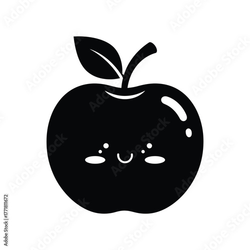 Adorable round apple silhouette with smiling eyes and tiny leaf in cute black vector design on white background showing charm and simplicity
