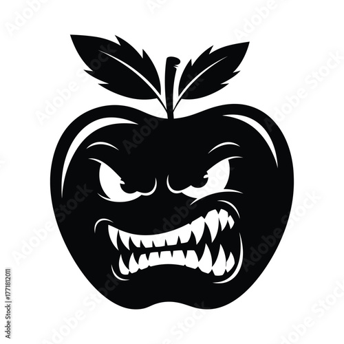 Bold apple silhouette with sharp teeth and slanted eyes in dynamic black vector style on white background expressing anger and attitude