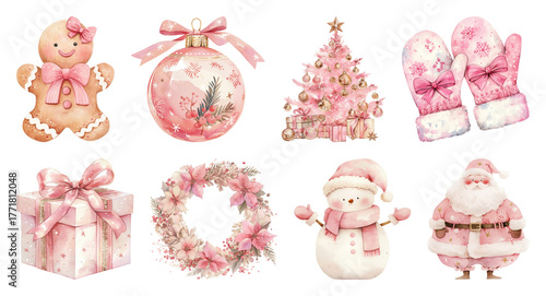 PNG Charming pink Christmas decorations collection, element set on transparent background