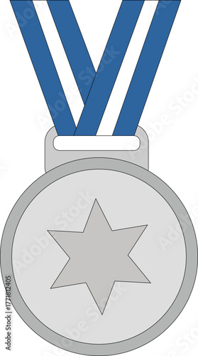 Silver Medal with Blue Ribbon – Achievement and Award Icon for Sports and Education Design