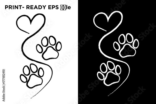 Distressed vector design featuring a heart, a flowing line, and two paw prints, presented in black and white outlines, conveying pet love, animal companionship, loyalty, and graphic motifs for print