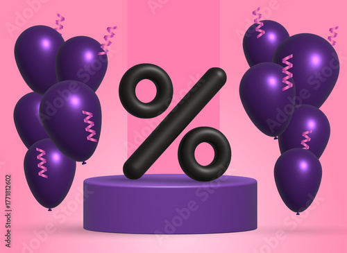 Festive 3D illustration with black percentage symbol on a purple platform surrounded by balloons and ribbons. Ideal for sale, discount, and promotional design themes.