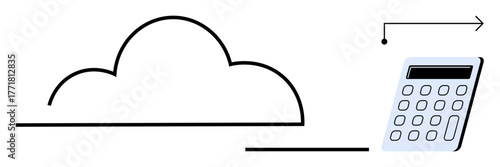 Cloud outline with arrow pointing to calculator, representing data transfer, automation, analytics. Ideal for finance, cloud computing, accounting, tech, data management innovation simplicity