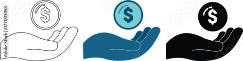 Three symbol variations of a hand holding a dollar coin showing a line art style a color version and a black silhouette for financial growth themes