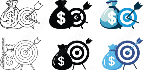An symbol set illustrating financial goals with a money bag and a target with an arrow in various design styles like outline silhouette and flat color