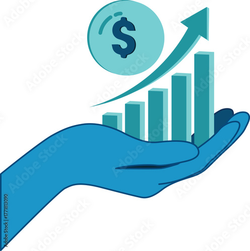 A blue hand holds a rising bar chart arrow and dollar coin symbolizing financial success and investment growth