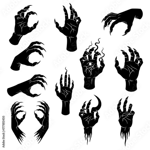 A collection of black silhouette monster hands with long claws in various poses on a white background