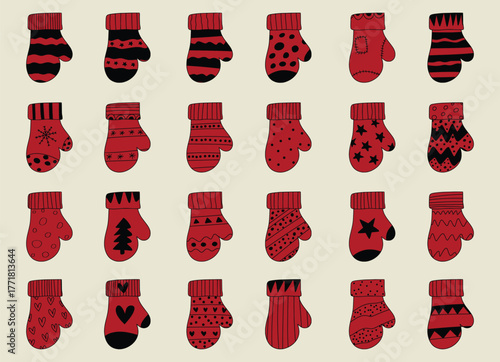 Christmas Collection of red knitted winter mittens with various patterns and designs, perfect for cold weather and holidays