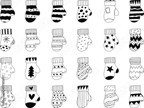 Christmas Collection of handdrawn winter mittens with various patterns and designs, isolated on a