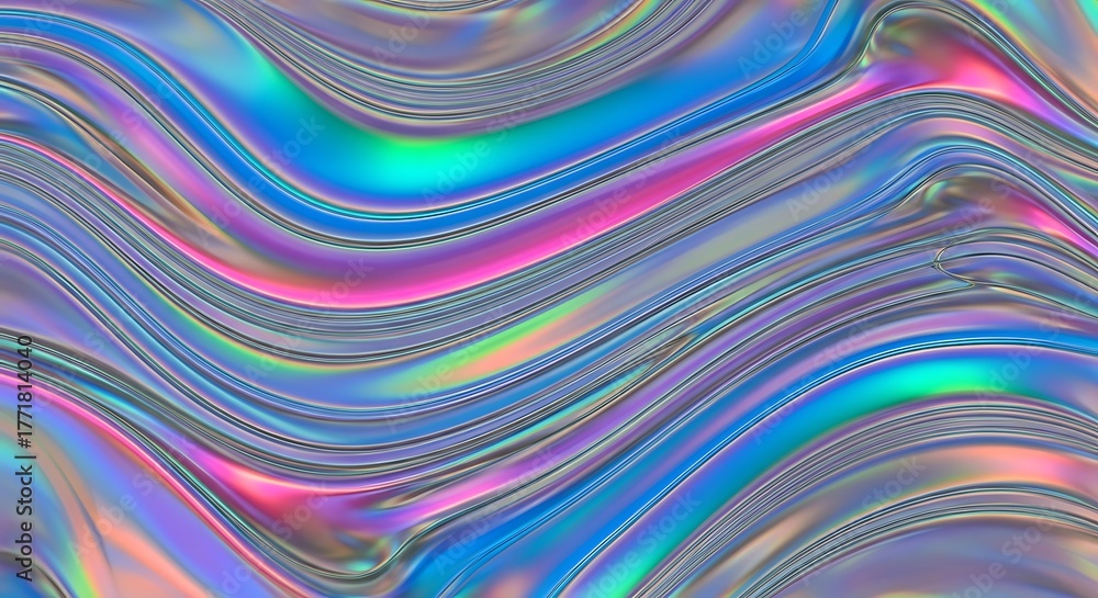 Fototapeta premium Abstract wavy holographic background with iridescent colors and metallic sheen.