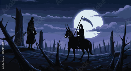 The Grim Reaper on Horseback Meets Another Figure in a Spooky, Moonlit, Barren Landscape