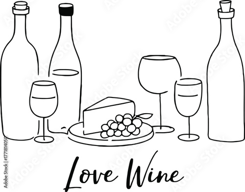 Wine bottles and glasses illustration with cheese and grapes