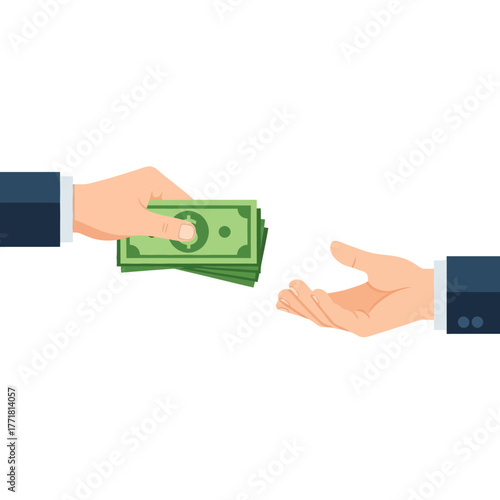One hand offering a stack of money to another outstretched palm, symbolizing a transaction.