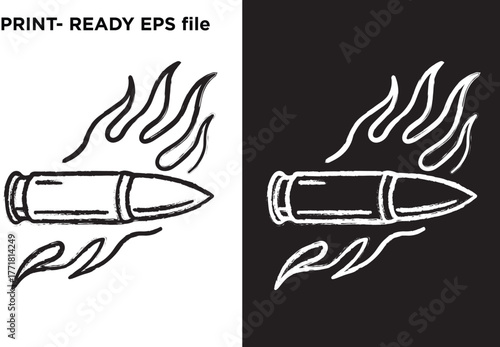 Distressed vector design of a flaming bullet, presented in bold black and white outlines, conveying edgy style, speed, danger, power, and grunge graphic motifs for print.