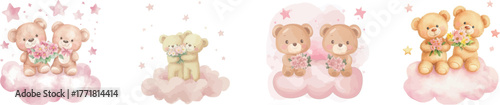 A cute couple of teddy bears are illustrated in watercolor on cloud