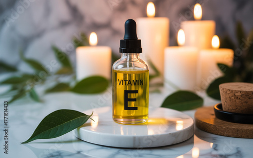 Bottle of vitamin e oil with candles and leaves, skincare concept