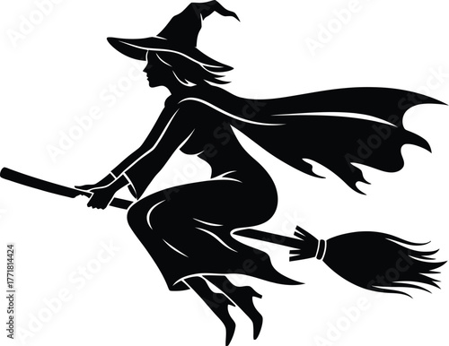 Witch Silhouette on Broom: A captivating silhouette of a witch soaring through the night sky on her broom, her pointed hat and flowing cloak adding an aura of mystery and magic. 