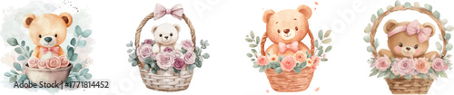 In this watercolor illustration, a teddy bear is charmingly placed in a basket, accompanied by a delicate flower wreath