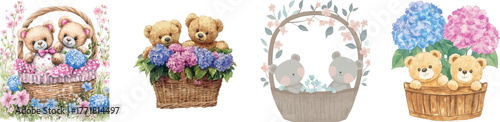 A lovely flower wreath encircles a basket holding a sweet and cute couple of teddy bears