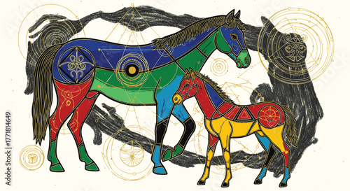 Vibrant Geometric Horses and Foal Illustration, Adorned with Mystical Symbols and Organic Shapes, Depicting an Ancient Spiritual Bond