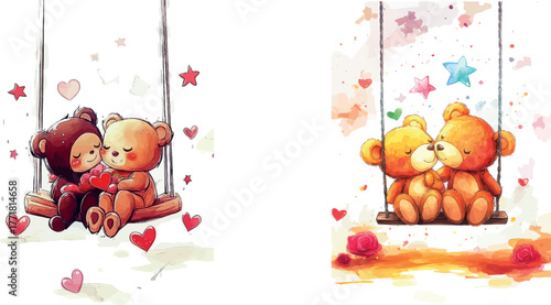 In a watercolor illustration, a couple is shown with a teddy bear that swings on a star