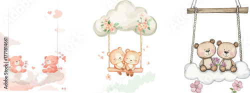 A couple is shown in a watercolor illustration with a teddy bear that swings from a cloud filled with stars