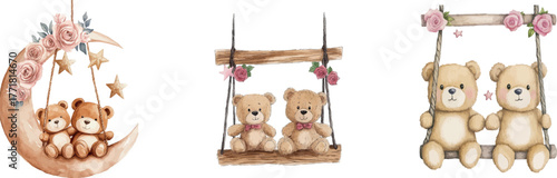 In a watercolor illustration, a couple is accompanied by a teddy bear that swings on the moon amidst stars