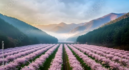 Mountain Road Framed by Pink Blossom Trees in Perfect Alignment