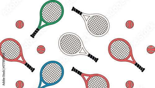 Tennis rackets and balls pattern design sports equipment art