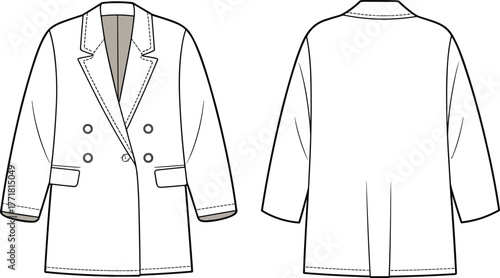 Fashion flat sketch stylish double breasted blazer jacket front and back view, women outerwear coat design technical drawing template