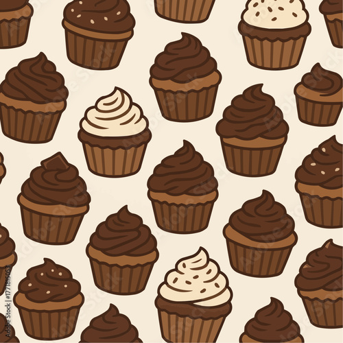 Chocolate Cupcake Seamless Vector Pattern