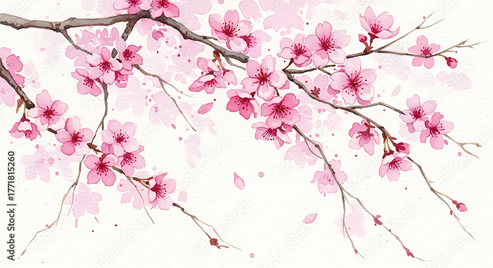 Fototapeta premium Cherry Blossom Watercolor Painting Delicate Pink Flowers on Branches Artistic Floral Design Springtime Bloom Natural Beauty