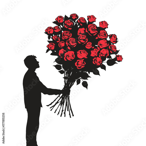 Silhouette of man holding large bouquet of red roses on white background. Concept of gift, romance, celebration flower delivery