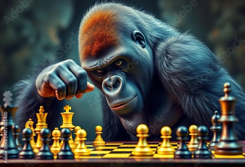A powerful gorilla intensely focused on a chessboard, hand reaching for a piece,  powerful,  white