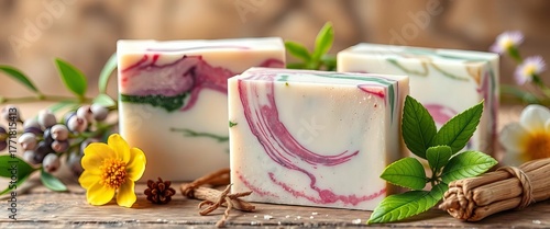 Artisanal natural soap bars with botanicals and herbs,  goat milk soap,   country