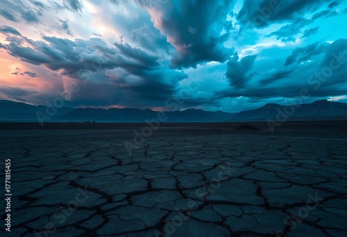 A storm-ravaged landscape, dark skies, cracked earth,  power,  turmoil
