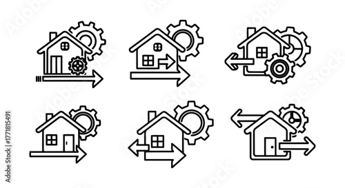 Vector art of Set of six different outline icons representing house, gear, and arrow