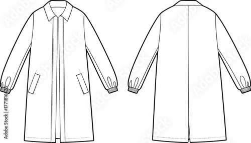 Women long coat fashion flat sketch, outerwear technical drawing template, front and back vector, apparel design illustration with pockets and collar
