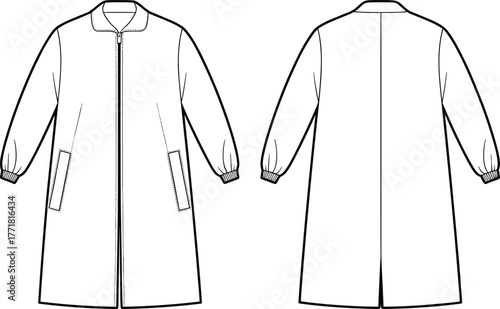 Women long coat fashion flat sketch, technical drawing template, front and back vector, outerwear design illustration with zipper, pockets, rib cuff sleeves