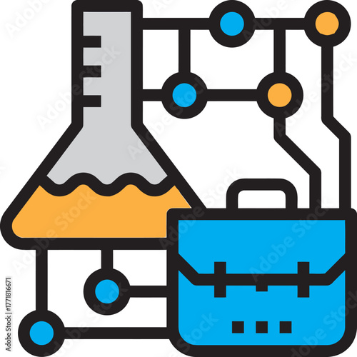Research and Development (R&D) Commercialization Graphic, Lab Flask, Briefcase, and Network Illustration