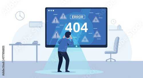 Man Looking at 404 Error Page with Warning Signs on Computer Screen, Website Problem