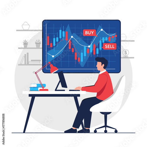 Investor Analyzing Stock Market Candlestick Chart with Buy and Sell Indicators on Computer Screen