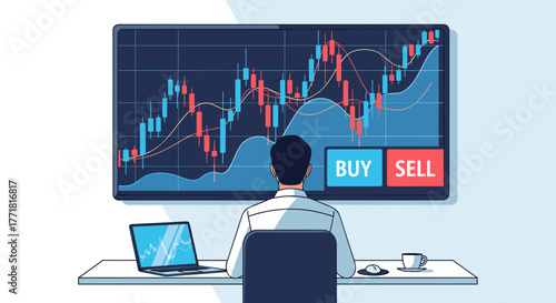 Investor Analyzing Stock Market Candlestick Chart with Buy and Sell Indicators on Computer Screen