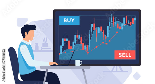 Investor Analyzing Stock Market Candlestick Chart with Buy and Sell Indicators on Computer Screen