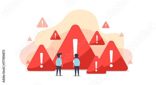 People Standing Near Multiple Red Warning Signs with Exclamation Marks Indicating Error or Caution